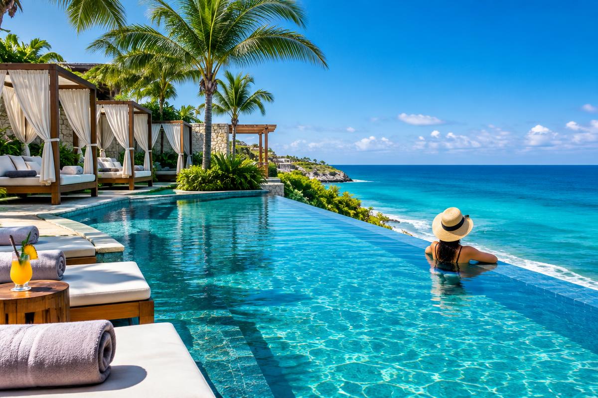 Infinity pool with cabanas overlooking the Caribbean in the Riviera Maya