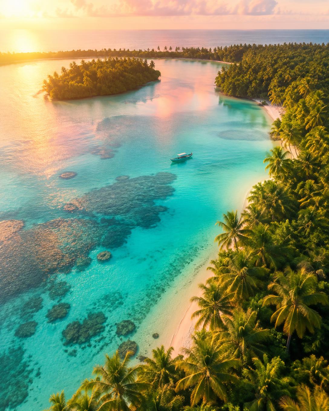 Aerial view of a turquoise lagoon fringed by palm trees at sunrise